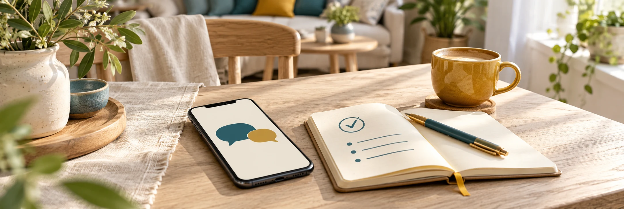 Notizbuch und Smartphone auf einem sonnigen Holztisch.
