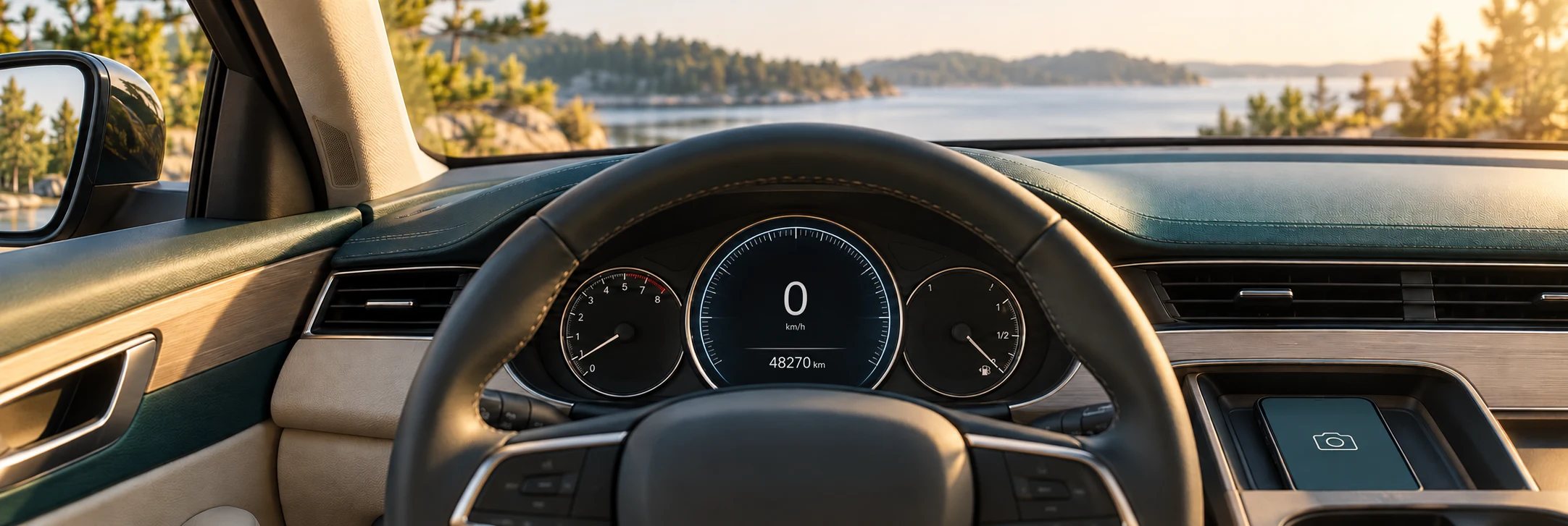 Kilometeranzeige im Cockpit eines geparkten Autos.