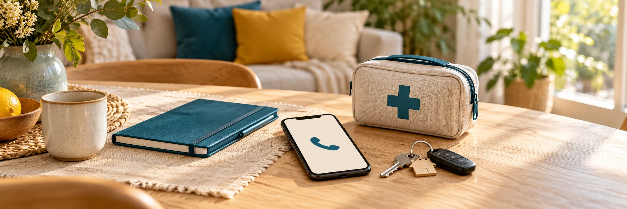 Telefon, Erste-Hilfe-Tasche und Schlüssel griffbereit auf einem Tisch.