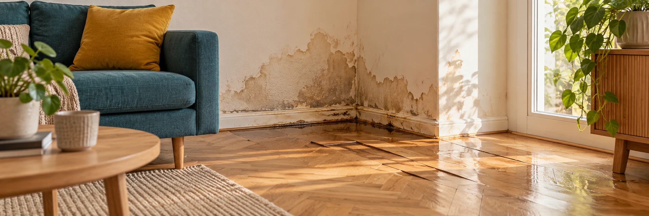 Wasserschaden an Wand und Parkett in einem Wohnzimmer.