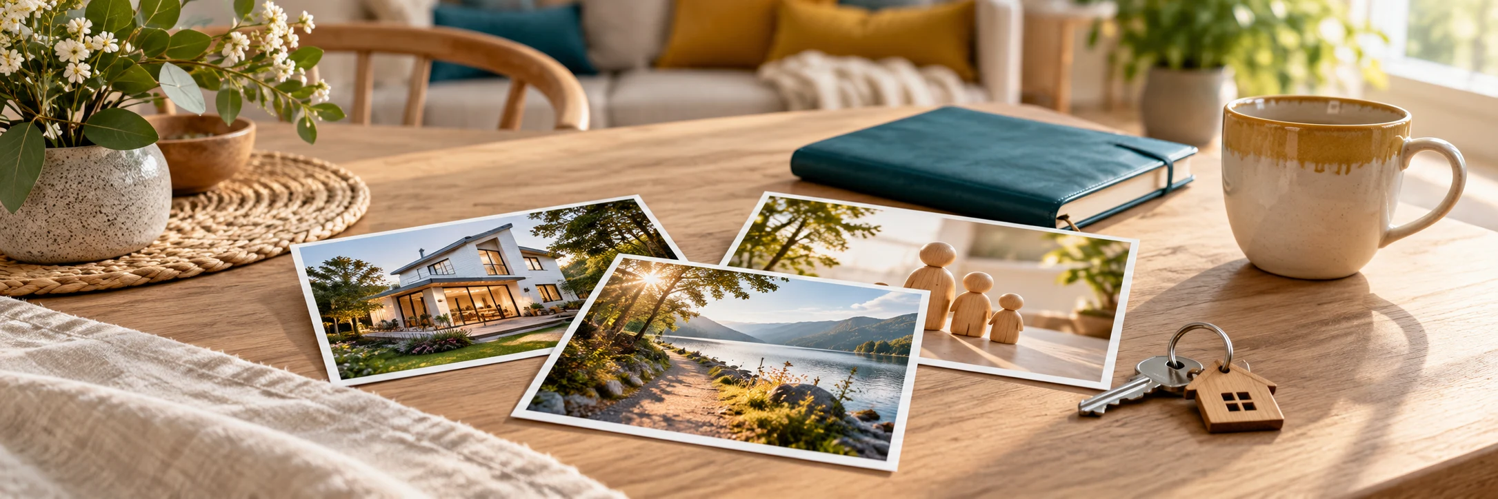 Fotos von Zuhause, Familie und Reisen auf einem Holztisch.